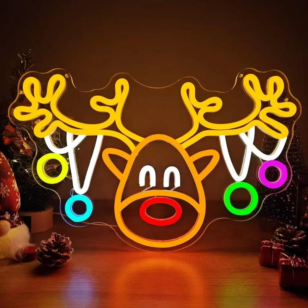 Christmas Reindeer Neon Sign Led Candy Dimmable Light Up Sign for Party Kids